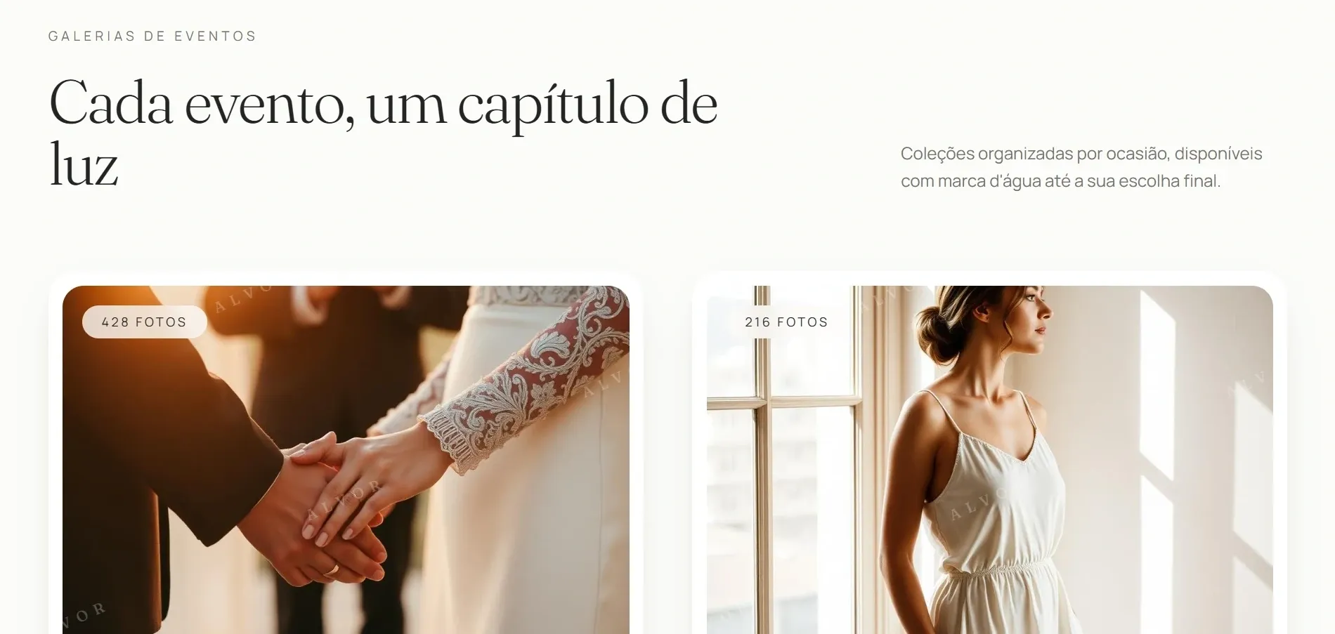 Página de galerias de eventos do ALVOR, com coleções de fotos exibidas com marca d'água até a escolha final.